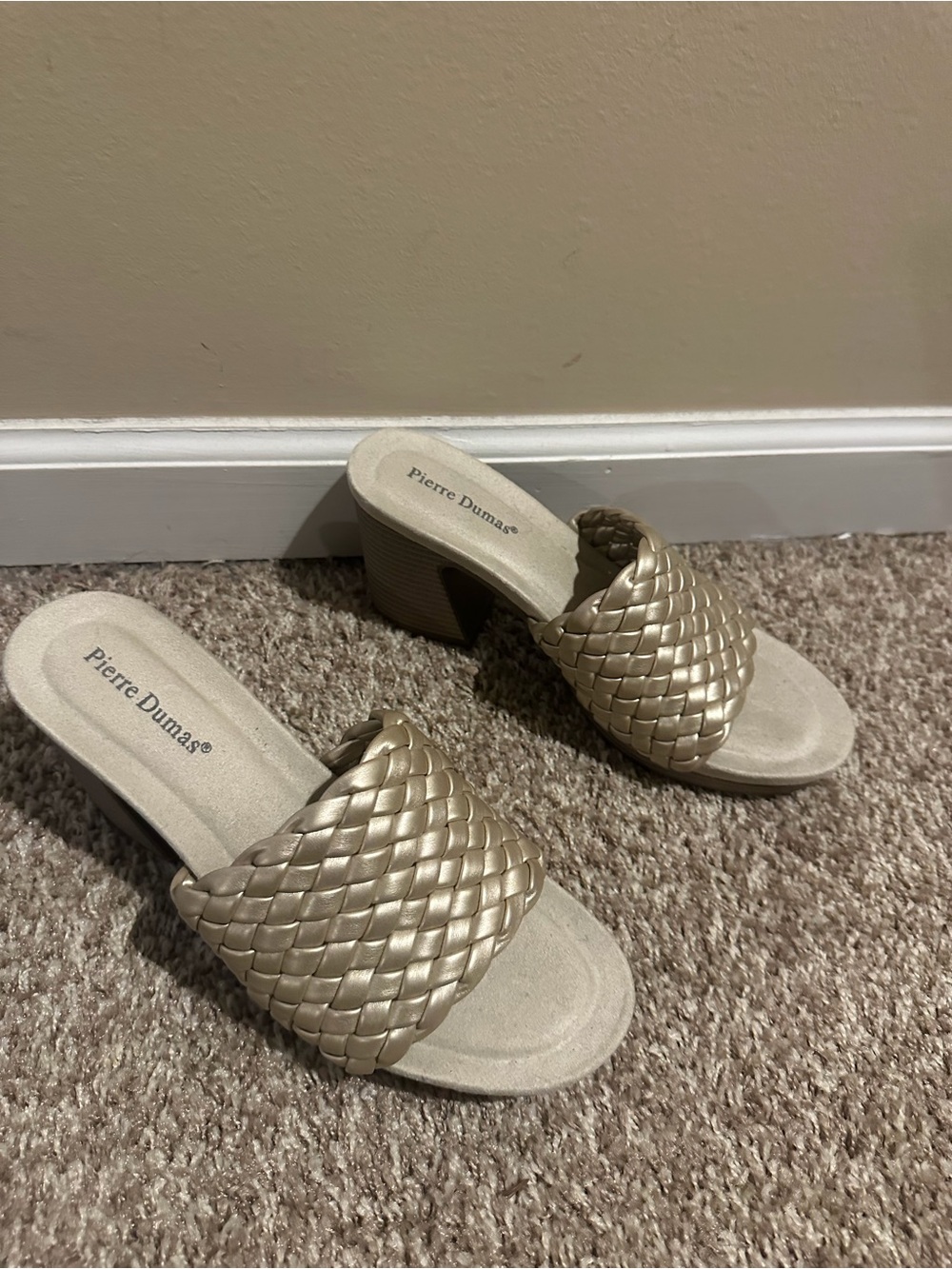 Pierre Dumas Braided Slide Mules in Metallic Champagne